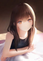 Rule 34 | 1girl, bare shoulders, black camisole, blurry, blurry background, brown eyes, brown hair, camisole, closed mouth, collarbone, crossed arms, feet, floor, from above, highres, indoors, long hair, looking at viewer, looking up, ojay tkym, original, signature, sitting, skirt, smile, solo, white skirt