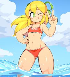 Rule 34 | 1girl, ;p, bare shoulders, beach, bikini, blonde hair, blue sky, blush stickers, breasts, clothes writing, cloud, day, green eyes, green ribbon, groin, hair between eyes, hair ribbon, legs apart, long hair, mega man (classic), mega man (series), navel, nisetanaka, ocean, one eye closed, outdoors, ponytail, red bikini, ribbon, roll (mega man), sidelocks, sky, small breasts, solo, standing, stomach, swimsuit, thighs, tongue, tongue out, v, wading, water, wet