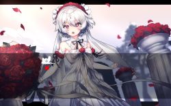 Rule 34 | 1girl, :o, bare shoulders, bouquet, breasts, bridal veil, bride, dress, flower, grey sky, hair between eyes, hair ornament, highres, holding, holding bouquet, honkai (series), honkai impact 3rd, looking at viewer, open mouth, outdoors, petals, red eyes, red flower, red rose, rose, sky, small breasts, solo, teeth, theresa apocalypse, theresa apocalypse (luna kindred), veil, wedding dress, white dress, white hair, white sleeves, wu-qiao