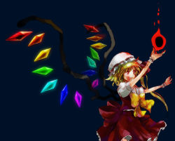 Rule 34 | 1girl, blonde hair, blood, blouse, female focus, flandre scarlet, hat, mob cap, popoin, rainbow order, red eyes, ribbon, shirt, solo, touhou, white hat, white shirt, wings