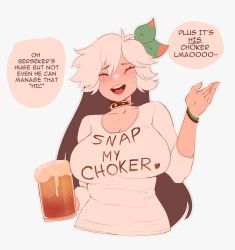 Rule 34 | 1girl, alcohol, almonde jagger (nyantcha), beer, beer mug, blush, bow, bracelet, breasts, brown hair, choker, cleavage, closed eyes, clothes writing, collarbone, cup, drunk, english text, fuck-me shirt, hair bow, highres, jewelry, large breasts, laughing, meme attire, mug, multicolored hair, nose blush, nyantcha, original, scar, scar across eye, snap my choker (phrase), solo, speech bubble, spiked choker, spikes, two-tone hair, white hair