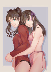 Rule 34 | 2girls, apron, ass, black hair, blue eyes, blush, breasts, breasts on another&#039;s back, commentary request, fate/stay night, fate (series), hair ribbon, holding hands, hug, hug from behind, iceky, incest, long hair, long sleeves, looking back, matou sakura, medium breasts, multiple girls, naked apron, no panties, ribbon, siblings, sideboob, sisters, smile, spoilers, tohsaka rin, tohsaka sakura, two side up