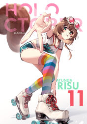 Rule 34 | 1girl, absurdres, adarin, animal ears, ayunda risu, brown hair, choker, green eyes, highres, hololive, hololive indonesia, roller skates, shorts, skates, solo, squirrel ears, squirrel girl, squirrel tail, striped clothes, striped thighhighs, tail, thighhighs, virtual youtuber, white background