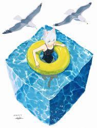 Rule 34 | 1girl, animal ears, ao fujimori, bird, blue eyes, cat ears, collarbone, commentary request, cube, dated, highres, innertube, looking at viewer, one-piece swimsuit, original, seagull, short hair, signature, smile, solo, swim ring, swimming, swimsuit, water, white hair