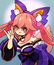 Rule 34 | 10s, 1girl, :d, \m/, animal ear fluff, animal ears, bad id, bad pixiv id, bare shoulders, bow, breasts, cleavage, detached collar, detached sleeves, eyes visible through hair, fate/extra, fate (series), fox ears, fox girl, fox shadow puppet, fox tail, gradient background, hair between eyes, hair bow, hand up, highres, japanese clothes, large breasts, long hair, long sleeves, obi, open mouth, orange eyes, orange pupils, pelvic curtain, pink hair, purple bow, sash, smile, solo, strapless, tail, tamamo (fate), tamamo no mae (fate/extra), tongue, twintails, upper body, v-shaped eyebrows, wide sleeves, yukino super
