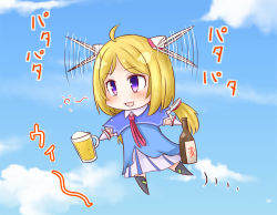 Rule 34 | 1girl, ahoge, aki rosenthal, aki rosenthal (1st costume), barley tea, blonde hair, blush, bottle, chibi, cloud, commentary request, cup, detached hair, flapping, flying, highres, holding, holding bottle, holding cup, hololive, motion lines, necktie, open mouth, oyoneko, purple eyes, sky, smile, solo, thighhighs, virtual youtuber