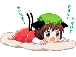 Rule 34 | 1girl, animal ears, bebelona, bebeneko, brown eyes, brown hair, cat ears, cat girl, cat tail, chen, crying, crying with eyes open, earrings, female focus, hat, japanese text, jewelry, multiple tails, simple background, solo, sticky, tail, tears, touhou, translated, white background