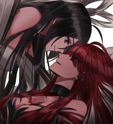 Rule 34 | 2girls, ara haan, bad id, bad twitter id, bare shoulders, bed, black hair, bloody queen (elsword), breasts, closed mouth, couple, elesis (elsword), elsword, eye contact, face-to-face, female focus, forehead-to-forehead, from side, heads together, imminent kiss, japanese clothes, large breasts, long hair, looking at another, lying, multiple girls, neck, on back, on bed, open mouth, ra g0m, red eyes, red hair, shakti (elsword), shakti (elsword), smile, tattoo, upper body, white background, yuri