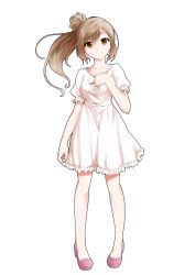 Rule 34 | 1girl, breasts, brown eyes, brown hair, cevio, closed mouth, collarbone, commentary request, dairi, dress, full body, hair bun, hand on own chest, head tilt, highres, long hair, looking at viewer, medium breasts, pink footwear, puffy short sleeves, puffy sleeves, satou sasara, shoes, short sleeves, side ponytail, single hair bun, smile, solo, standing, straight-on, tachi-e, transparent background, white dress