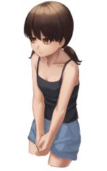Rule 34 | 1girl, black shirt, blue shirt, breasts, brown eyes, brown hair, cleavage, collarbone, commentary request, cowboy shot, low twintails, original, own hands together, ranma (kamenrideroz), shirt, short hair, short twintails, simple background, small breasts, solo, tank top, twintails, v arms, white background