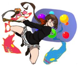 Rule 34 | 10s, 1girl, a (kyousougiga), attack, black socks, bow, brown hair, grin, hair bow, hammer, holding, jumping, kneehighs, koto (kyousougiga), kyousougiga, long hair, looking at viewer, open mouth, ponytail, red eyes, school uniform, serafuku, shikigami, shoes, skirt, smile, socks, solo, stuffed toy, sweater, transparent background, un (kyousougiga), weapon, white background, yanushi, yellow eyes