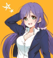 Rule 34 | 10s, 1girl, blazer, breasts, cleavage, green eyes, hair between eyes, highres, long hair, looking at viewer, love live!, love live! school idol project, open mouth, pixiv sample, purple hair, resized, solo, sorimachi-doufu, tojo nozomi