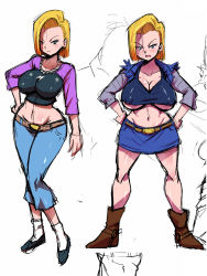 Rule 34 | 10s, 1girl, android 18, areola slip, blonde hair, blue eyes, blush, bob cut, boots, breasts, cleavage, closed mouth, covered erect nipples, curvy, denim, dragon ball, dragon ball super, dragonball z, full body, hands on own hips, hip focus, jacket, jeans, jewelry, large breasts, legs, legs apart, legs together, looking at viewer, measurements, midriff, navel, necklace, open mouth, pants, pearl necklace, raglan sleeves, rickert kai, shoes, short hair, simple background, skirt, smile, standing, thighs, underboob