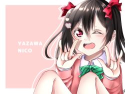 Rule 34 | 1girl, artist name, artist request, bare legs, black hair, blue skirt, blush, bow, bowtie, cardigan, collared shirt, female focus, green bow, green bowtie, hair bow, heart, long sleeves, looking at viewer, love live!, love live! school idol project, nico nico nii, one eye closed, otonokizaka school uniform, parted lips, pink cardigan, red bow, red eyes, ringo (netainoda), school uniform, shirt, short hair, skirt, smile, solo, striped bow, striped bowtie, striped clothes, twintails, yazawa nico
