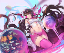 Rule 34 | 10s, 1girl, black hair, blush, boyshort panties, breasts, brown eyes, brown hair, closed mouth, crop top, detached sleeves, dutch angle, fate/extra, fate/extra ccc, fate (series), fisheye, floating hair, from below, globe, horns, lace, light smile, long hair, looking at viewer, medium breasts, midriff, navel, parted bangs, purple thighhighs, rabbit (tukenitian), sessyoin kiara, solo, thighhighs, thighs, veil, very long hair, wading