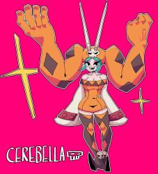 Rule 34 | 1girl, aqua hair, boots, breasts, cerebella (skullgirls), character name, cleavage, detached collar, eyeshadow, full body, highres, long sleeves, makeup, open mouth, oss, pink background, sidelocks, skullgirls, smile, solo, standing, teeth, thigh boots, thighhighs, vice-versa (skullgirls)