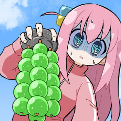 Rule 34 | 1girl, @ @, blue eyes, blue sky, bocchi the rock!, chemical weapon, chemicals, cloud, commentary, cube hair ornament, dirty bomb, from below, frown, gloom (expression), gotoh hitori, hair ornament, highres, holding, honmirin, jacket, long hair, long sleeves, looking at viewer, nerve agent, nerve gas, one side up, orb, parody, parted lips, pink hair, pink jacket, sky, solo, sweatdrop, the rock (movie), track jacket, vx (nerve agent), weapon of mass destruction