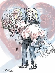 Rule 34 | 2girls, alice margatroid, blonde hair, bouquet, bow, bowtie, braid, carrying, dress, eva-st-clare, flower, formal, heart, kirisame marisa, multiple girls, pants, princess carry, shanghai doll, short hair, side braid, suit, touhou, traditional bowtie, wedding dress, wife and wife, yuri