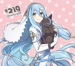Rule 34 | 1girl, animal, aqua hair, azura (fire emblem), blue hair, blue ribbon, blush, breasts, cat, cat day, detached sleeves, dress, eating hair, elbow gloves, fingerless gloves, fire emblem, fire emblem fates, fire emblem heroes, gloves, hair between eyes, hair ornament, hair tubes, highres, holding, holding animal, holding cat, jewelry, juria0801, long hair, looking at viewer, nintendo, open mouth, ribbon, smile, solo, twitter username, upper body, veil, very long hair, white dress, white headwear, white veil, yellow eyes