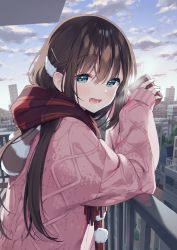 Rule 34 | 1girl, :d, balcony, blush, brown hair, building, cityscape, cloud, cloudy sky, commentary request, cup, day, enpera, from side, green eyes, hair between eyes, hair ornament, hairclip, hand on railing, highres, holding, holding cup, long hair, long sleeves, looking at viewer, looking to the side, muninshiki, open mouth, original, pink sweater, plaid, plaid scarf, railing, red scarf, scarf, sideways glance, sky, sleeves past wrists, smile, solo, steam, sweater, upper body