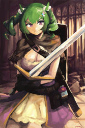 Rule 34 | 1girl, alternate costume, breasts, brown capelet, capelet, cleavage, dress, erodozer, floating hair, green hair, highres, holding, holding sword, holding weapon, ichika maia, indie virtual youtuber, large breasts, purple dress, purple eyes, shield, short hair, smile, solo, sword, twintails, v-shaped eyebrows, virtual youtuber, weapon, white dress
