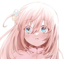 Rule 34 | 1girl, blue eyes, bocchi the rock!, closed mouth, commentary, cube hair ornament, eyes visible through hair, frown, gotoh hitori, hair between eyes, hair ornament, long hair, one side up, pink hair, plum0o0, portrait, simple background, solo, symbol-only commentary, white background
