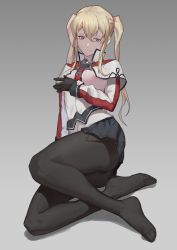 Rule 34 | 10s, 1girl, ass, black gloves, black pantyhose, blonde hair, blue eyes, breasts, female focus, gloves, graf zeppelin (kancolle), highres, kantai collection, large breasts, long hair, long sleeves, looking at viewer, military, military uniform, miniskirt, open clothes, open shirt, pantyhose, seinen, shirt, sitting, skirt, solo, twintails, uniform