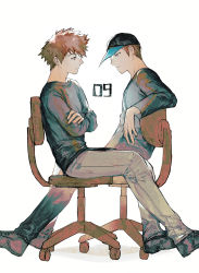 Rule 34 | 2boys, absurdres, arafune tetsuji, arm rest, baseball cap, black headwear, black shirt, brown hair, chair, closed mouth, crossed arms, feet out of frame, from side, frown, grey footwear, grey pants, group name, hat, highres, long sleeves, looking at another, male focus, mizukami satoshi (world trigger), mnmnwtsn, multiple boys, office chair, outstretched arm, pants, profile, shirt, shoes, short hair, simple background, sitting, swivel chair, t-shirt, white background, world trigger