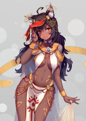 Rule 34 | 1girl, ahoge, animal ear fluff, animal ears, black hair, breasts, cape, cat ears, catxuan, collar, cowboy shot, curvy, dark-skinned female, dark skin, dutch angle, egyptian, egyptian clothes, facial mark, gold, highres, jewelry, long hair, long skirt, looking at viewer, medium breasts, necklace, original, pelvic curtain, red eyes, see-through, skirt, solo, veil, very long hair, wide hips