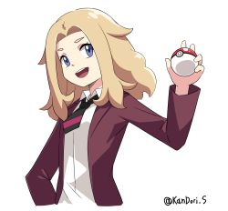 Rule 34 | 1girl, :d, absurdres, black necktie, blonde hair, blue eyes, collared shirt, creatures (company), game freak, hair intakes, hand up, highres, jacket, kandori, lass (pokemon), long hair, long sleeves, necktie, nintendo, open clothes, open jacket, open mouth, poke ball, poke ball (basic), pokemon, pokemon swsh, red jacket, round teeth, shirt, simple background, smile, solo, teeth, twitter username, upper body, white background, white shirt