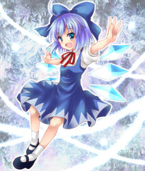 Rule 34 | 1girl, :d, black footwear, blue bow, blue dress, blue eyes, blue hair, bow, breasts, cirno, commentary request, dress, full body, hair bow, ice, ice wings, mary janes, momozakura nanao, neck ribbon, open mouth, pinafore dress, puffy short sleeves, puffy sleeves, red ribbon, ribbon, shirt, shoes, short hair, short sleeves, sleeveless dress, small breasts, smile, socks, solo, t-pose, touhou, white shirt, white socks, wings