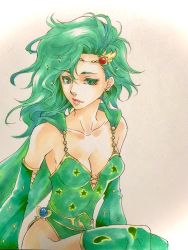 Rule 34 | 1girl, aged up, breasts, cape, closed mouth, detached sleeves, earrings, final fantasy, final fantasy iv, green eyes, green hair, green leotard, hair ornament, highres, jewelry, leotard, long hair, looking at viewer, rydia (ff4), simple background, smile, solo, thighhighs, traditional media
