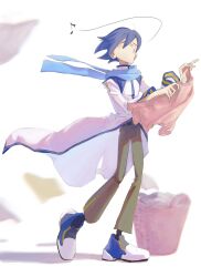 Rule 34 | 1boy, blue hair, blue scarf, brown pants, closed eyes, coat, floating hair, floating neckwear, full body, heel up, highres, holding, holding clothes, kaito (vocaloid), laundry, laundry basket, long sleeves, male focus, motion blur, musical note, nata shelf, pants, pinky out, puckered lips, scarf, shadow, shoes, simple background, solo, standing, vocaloid, walking, whistling, white background, white coat, wind