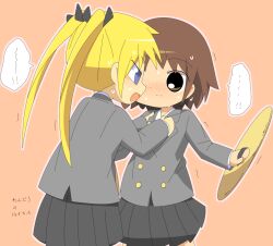 Rule 34 | !, !!, 2girls, black bow, black skirt, blonde hair, blue eyes, blush, bow, brown eyes, brown hair, buttons, closed mouth, collar grab, commentary request, cowboy shot, cymbals, grey jacket, hair bow, highres, instrument, jacket, kill me baby, lets0020, long hair, long sleeves, looking at another, medium bangs, multiple girls, nose blush, open mouth, oribe yasuna, pink background, pleated skirt, short hair, simple background, skirt, sonya (kill me baby), translation request, trembling, twintails