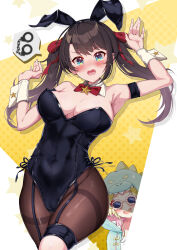 animal_ear_hairband animal_ears armband armpits arms_up bare_shoulders black_armband black_garter_straps black_hairband black_leotard black_pantyhose blue_eyes blush bow bowtie breasts brooch brown_hair cameltoe commentary_request covered_navel cowboy_shot detached_collar embarrassed fake_animal_ears garter_straps hair_ribbon hairband highleg highleg_leotard highres hololive jewelry large_breasts leotard long_hair looking_at_viewer official_alternate_hair_length official_alternate_hairstyle oozora_subaru pantyhose playboy_bunny rabbit_ear_hairband rabbit_ears rabbit_pose red_bow red_bowtie red_eyes ribbon shara_(syara_so_ju) single_leg_pantyhose solo_focus spoken_object star_brooch strapless strapless_leotard swept_bangs tearing_up thighband_pantyhose traditional_bowtie tsunomaki_watame tsunomaki_watame_(loungewear) twintails virtual_youtuber w_arms wing_collar wrist_cuffs