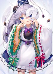 Rule 34 | 1girl, :p, blue eyes, blue skirt, blush, bow, bowtie, broken plate, frilled sleeves, frills, grey hair, gunjou row, hand on own cheek, hand on own face, highres, holding, holding plate, japanese clothes, kariginu, layered sleeves, long hair, looking at viewer, mononobe no futo, nail polish, plate, pom pom (clothes), ponytail, purple bow, ribbon-trimmed sleeves, ribbon trim, signature, skirt, solo, tongue, tongue out, touhou, tsurime, white background