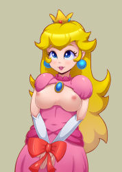 Rule 34 | 1girl, bdsm, blonde hair, blue eyes, bondage, bound, bow, breasts, breasts apart, breasts out, brooch, collared dress, cowboy shot, crown, dress, earrings, elbow gloves, female focus, gloves, grey background, highres, jewelry, long hair, mario (series), medium breasts, nintendo, nipples, own hands together, parted lips, pink dress, polkin, princess peach, red bow, simple background, solo, sphere earrings, standing, super mario bros. 1, very long hair