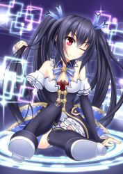 Rule 34 | 10s, 1girl, black hair, breasts, cleavage, female focus, highres, md5 mismatch, neptune (series), noire (neptunia), one eye closed, resolution mismatch, ribbon, sakaki jin&#039;ya, sitting, smile, solo, source smaller, twintails