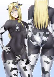 Rule 34 | 1boy, absurdres, animal ears, animal print, ass, bell, bikini, blonde hair, blue eyes, bodysuit, bulge, clothes, collar, covered erect nipples, cow ears, cow horns, cow print, cow print bikini, cow print gloves, cow print thighhighs, crossdressing, elbow gloves, expressionless, fake animal ears, gloves, hand on own hip, highres, horns, long hair, looking at viewer, looking back, male focus, metm, neck bell, one-punch man, print bikini, print gloves, print thighhighs, senkou no flash, side-tie bikini bottom, solo, swimsuit, thighhighs, trap