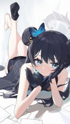 Rule 34 | 1girl, absurdres, barefoot, black dress, black gloves, black hair, blue archive, blush, butterfly hair ornament, commentary, double bun, dress, film grain, gloves, grey eyes, grey halo, hair bun, hair ornament, halo, high heels, highres, kisaki (blue archive), legs up, long hair, lying, measho, on stomach, paper, parted lips, solo, twintails