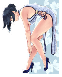 Rule 34 | 1girl, alternate costume, bare arms, bare legs, bare shoulders, blue dress, blue eyes, blue footwear, blue hair, breasts, china dress, chinese clothes, clothes between thighs, clothing cutout, commentary request, cross-laced clothes, cross-laced cutout, dress, from side, full body, hanging breasts, high heels, huge breasts, kantai collection, parted lips, pelvic curtain, profile, short hair, side ponytail, sideboob, sleeveless, sleeveless dress, solo, souryuu (kancolle), standing, wa (genryusui)