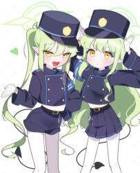Rule 34 | 2girls, belt, black belt, black hat, black shirt, black shorts, black skirt, black tail, blue archive, blush, closed mouth, demon tail, gloves, green hair, green halo, hair between eyes, halo, hat, heart, hikari (blue archive), nozomi (blue archive), lattes2, long hair, long sleeves, looking at viewer, multiple girls, open mouth, pantyhose, peaked cap, pleated skirt, pointy ears, shirt, shorts, skirt, smile, tail, twintails, white gloves, white pantyhose, yellow eyes