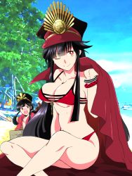 Rule 34 | 1boy, 1girl, ;), beach, bikini, black hair, bracelet, breasts, brother and sister, cape, crest, day, family crest, fate/grand order, fate (series), hat, indian style, jewelry, koha-ace, long hair, looking at viewer, medium breasts, necklace, oda nobukatsu (fate), oda nobunaga (fate), oda nobunaga (koha-ace), oda uri, one eye closed, open mouth, outdoors, peaked cap, ponytail, red bikini, red eyes, siblings, sidelocks, sitting, smile, stealth oki, swimsuit, very long hair, wavy mouth