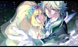 Rule 34 | 1boy, 1girl, blonde hair, blue eyes, blush, bridal veil, cure finale, cure finale (party up style), delicious party precure, formal, front ponytail, gloves, green hair, head wreath, kasai amane, kyoutsuugengo, long hair, narcistoru, open mouth, precure, purple eyes, suit, veil, white gloves, wide ponytail