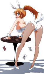 Rule 34 | 1girl, animal ears, ass, bare back, blue eyes, blush, card, charlotte e. yeager, fake animal ears, high heels, highres, looking at viewer, open mouth, orange hair, pantyhose, playboy bunny, playing card, rabbit ears, solo, strike witches, table, world witches series, wrist cuffs, yumekaranigeruna