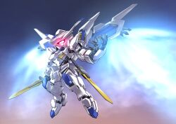 Rule 34 | absurdres, chibi, chinese commentary, commentary request, exhaust, full body, glowing, glowing eye, gundam, gundam bael, gundam tekketsu no orphans, highres, holding, holding sword, holding weapon, making-of available, mecha, mobile suit, no humans, open hand, outstretched arm, red eyes, robot, science fiction, sd gundam, solo, sword, v-fin, weapon, zakuma