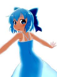 Rule 34 | 1girl, alternate costume, back, blue dress, blue eyes, blue hair, blush, bow, cirno, dress, hair bow, kusaba, kusaba (kusabashiki), looking back, matching hair/eyes, no wings, open mouth, outstretched arms, see-through, see-through silhouette, short hair, solo, tan, tanline, touhou