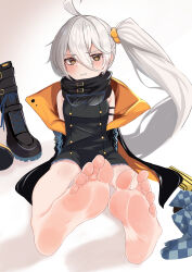 Rule 34 | 1girl, absurdres, barefoot, blush, boots, unworn boots, brown eyes, feet, girls&#039; frontline, goggles, goggles around neck, highres, long hair, looking at viewer, parted lips, pkp (girls&#039; frontline), shoes, unworn shoes, side ponytail, silver hair, unworn socks, soles, toes
