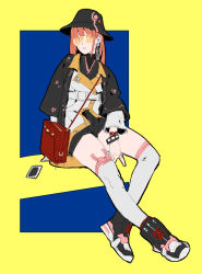 Rule 34 | 1girl, absurdres, alternate hairstyle, aviator sunglasses, bag, blue background, cellphone, ear tag, elphelt valentine, fashion, full body, grey thighhighs, guilty gear, guilty gear xrd, handbag, highres, makai, orange-tinted eyewear, orange-tinted glasses, over-kneehighs, phone, pink hair, shoes, short shorts, shorts, sitting, sneakers, solo, studded bracelet, sunglasses, thighhighs, tinted eyewear, yellow-tinted eyewear, yellow-tinted glasses, yellow background