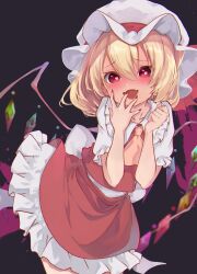 Rule 34 | 1girl, absurdres, ascot, blonde hair, blush, collared shirt, cowboy shot, crystal, fangs, fingernails, flandre scarlet, frilled shirt collar, frilled skirt, frills, hair between eyes, hat, highres, long hair, looking at viewer, mob cap, nail polish, one side up, open mouth, r utchi, red eyes, red nails, red skirt, red vest, shirt, short sleeves, skin fangs, skirt, smile, solo, touhou, vest, white hat, white shirt, wings, yellow ascot